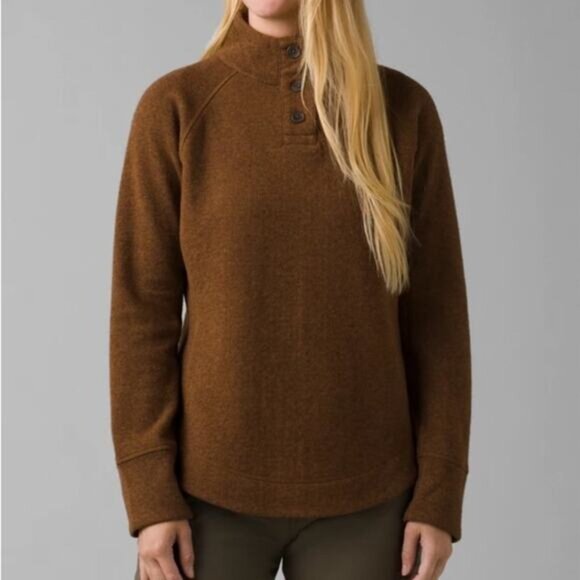 Prana Frozen Falls Sepia Brown Recycled Wool Blend 1/4 Button Pullover Sweater L - Picture 9 of 9